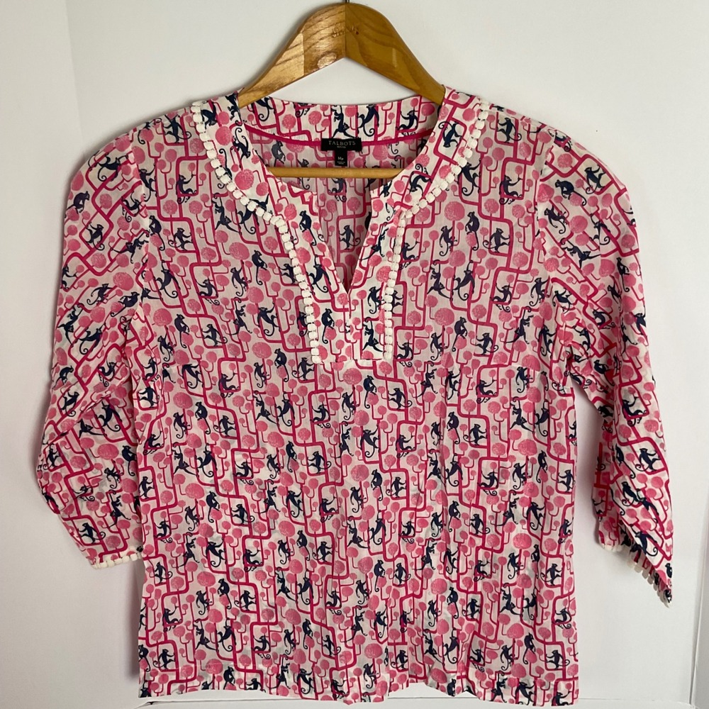 Talbots Petites Pink Navy Monkey Print Cotton Tunic Blouse Pom Pom Trim MP